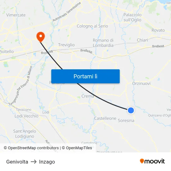 Genivolta to Inzago map