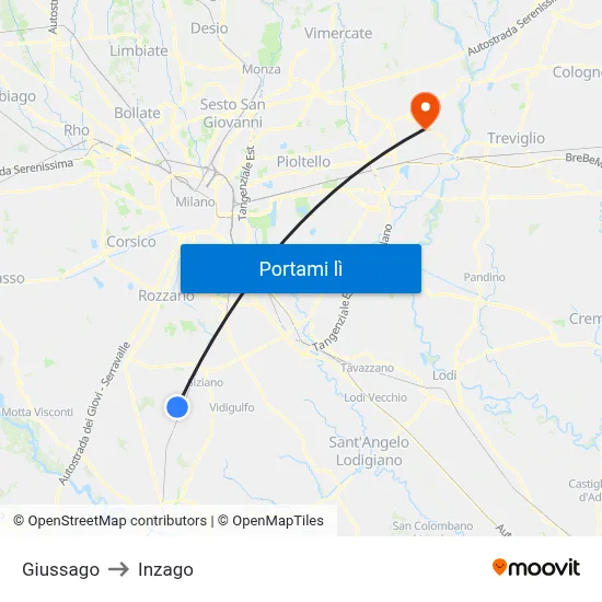 Giussago to Inzago map