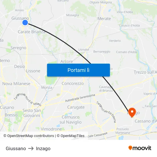 Giussano to Inzago map