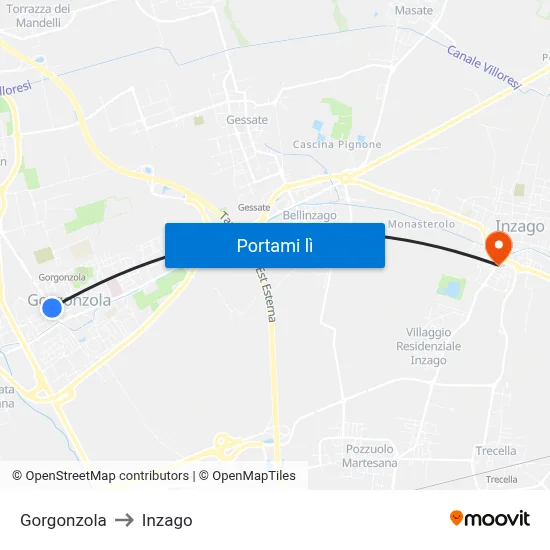 Gorgonzola to Inzago map