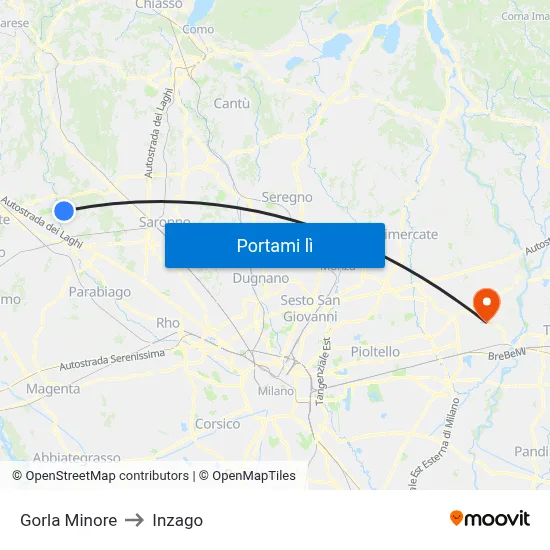 Gorla Minore to Inzago map