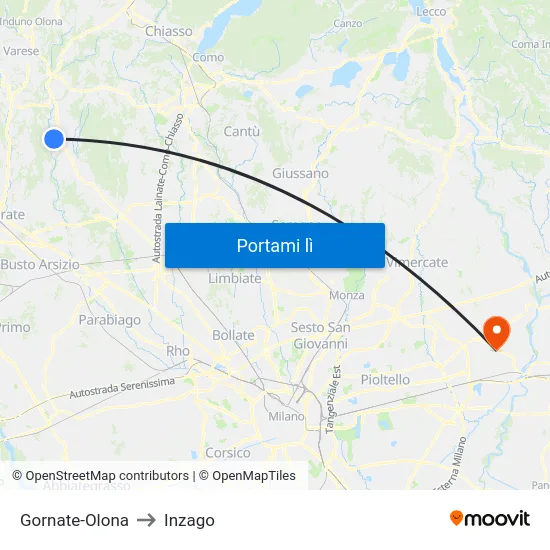 Gornate-Olona to Inzago map