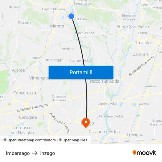 Imbersago to Inzago map