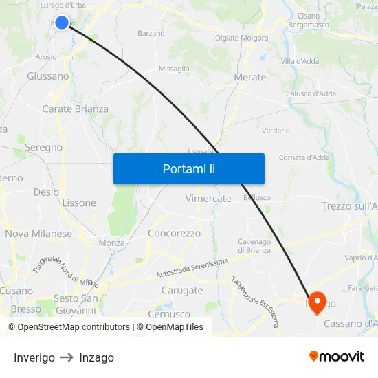 Inverigo to Inzago map