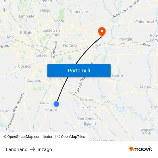 Landriano to Inzago map