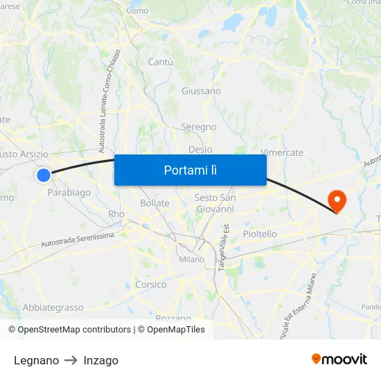 Legnano to Inzago map