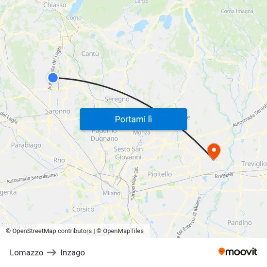 Lomazzo to Inzago map