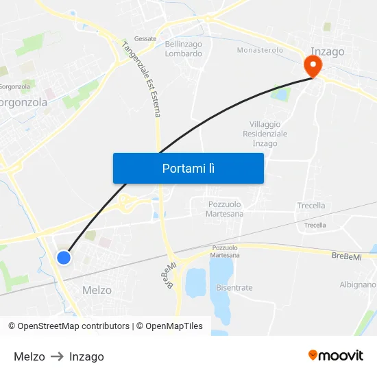 Melzo to Inzago map