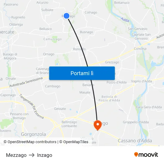 Mezzago to Inzago map