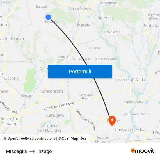 Missaglia to Inzago map