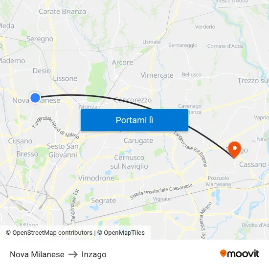 Nova Milanese to Inzago map