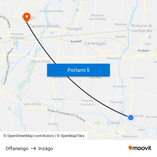 Offanengo to Inzago map