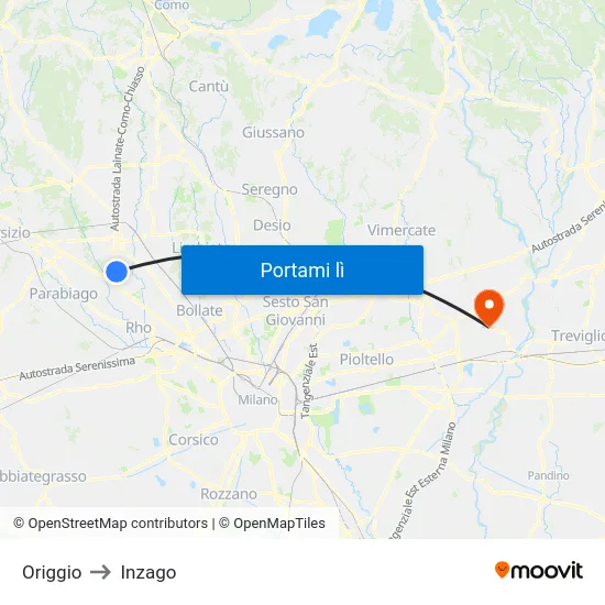 Origgio to Inzago map
