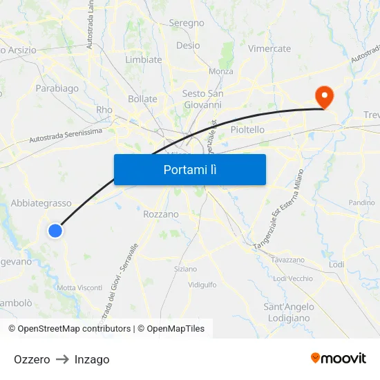 Ozzero to Inzago map