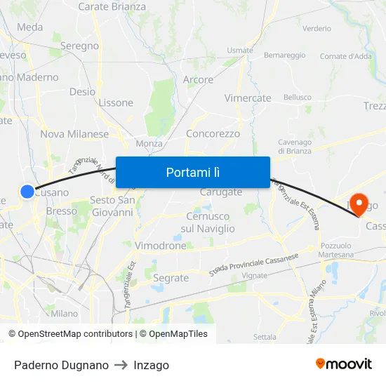 Paderno Dugnano to Inzago map