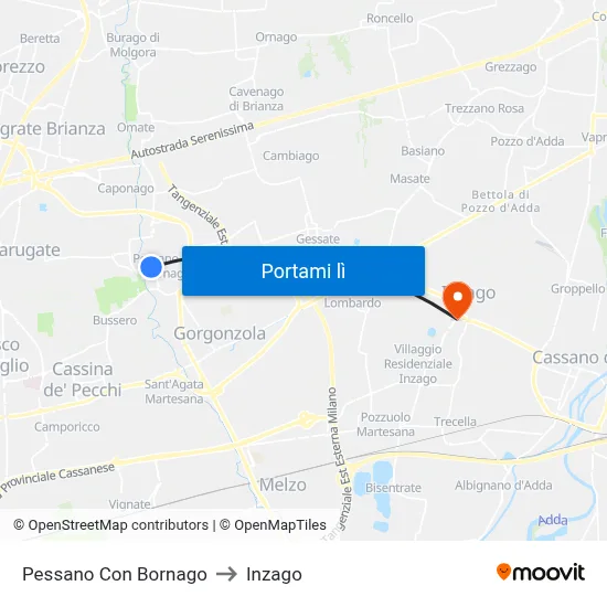 Pessano Con Bornago to Inzago map