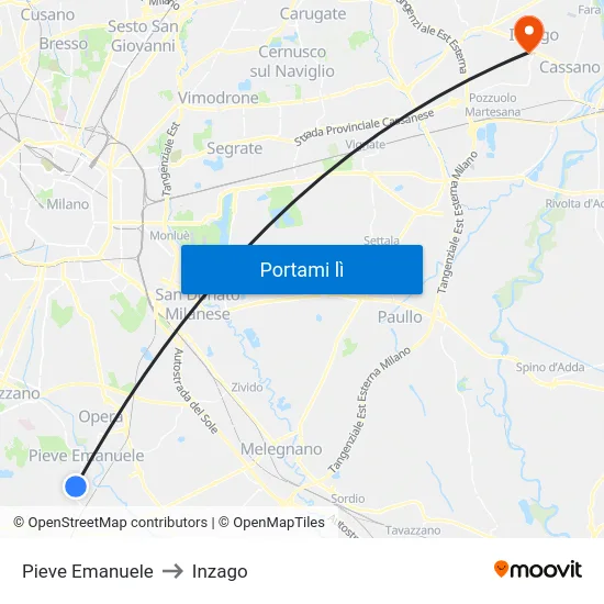 Pieve Emanuele to Inzago map