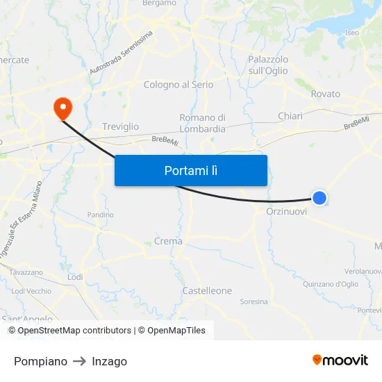 Pompiano to Inzago map