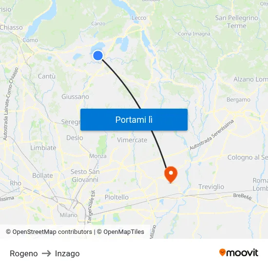 Rogeno to Inzago map