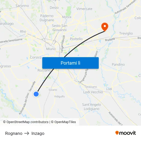Rognano to Inzago map