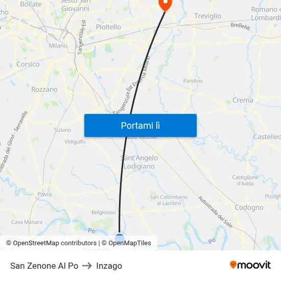 San Zenone Al Po to Inzago map