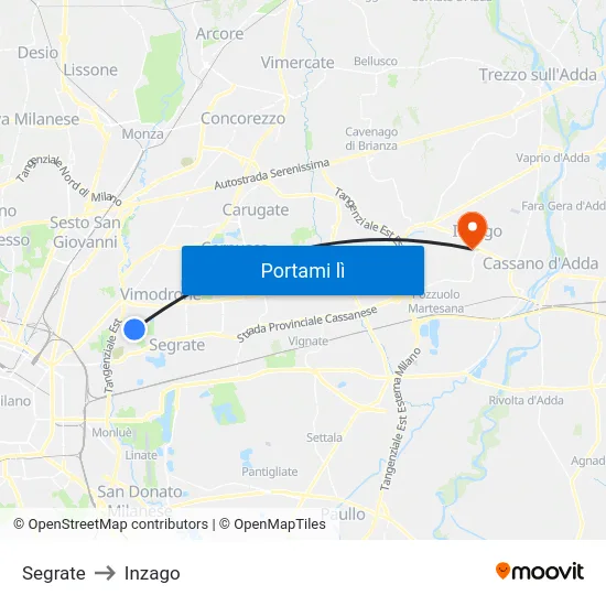 Segrate to Inzago map