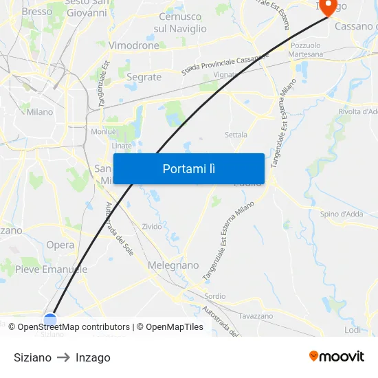 Siziano to Inzago map
