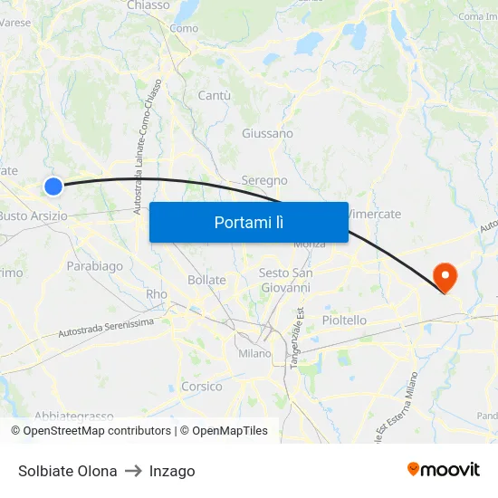 Solbiate Olona to Inzago map