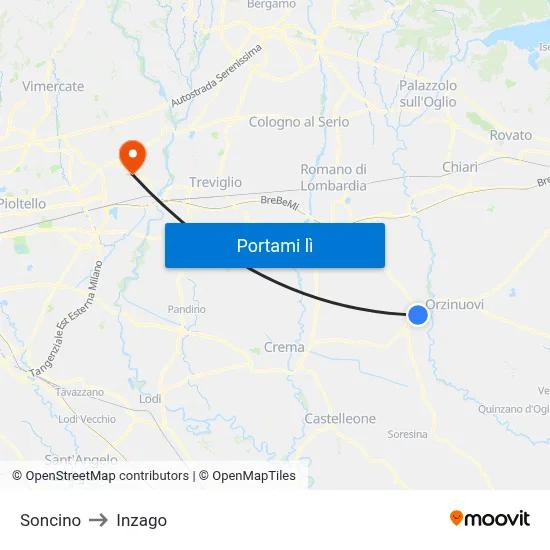 Soncino to Inzago map