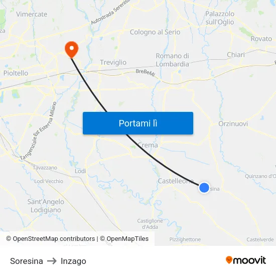 Soresina to Inzago map