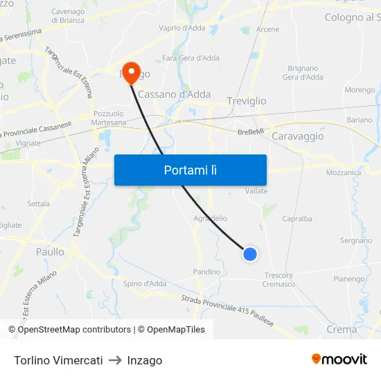 Torlino Vimercati to Inzago map