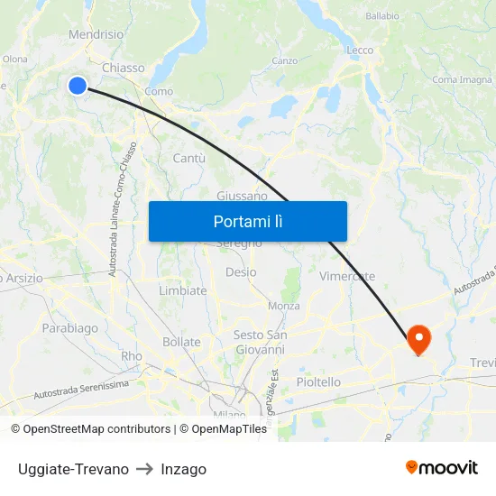 Uggiate-Trevano to Inzago map