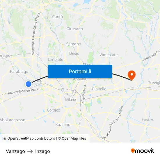 Vanzago to Inzago map