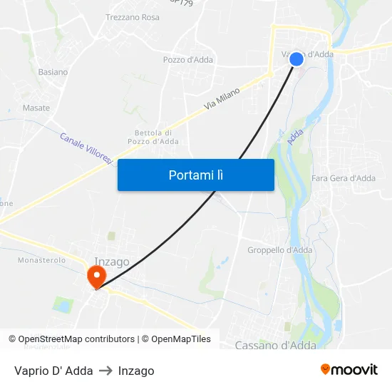 Vaprio D' Adda to Inzago map
