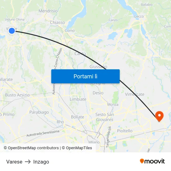 Varese to Inzago map