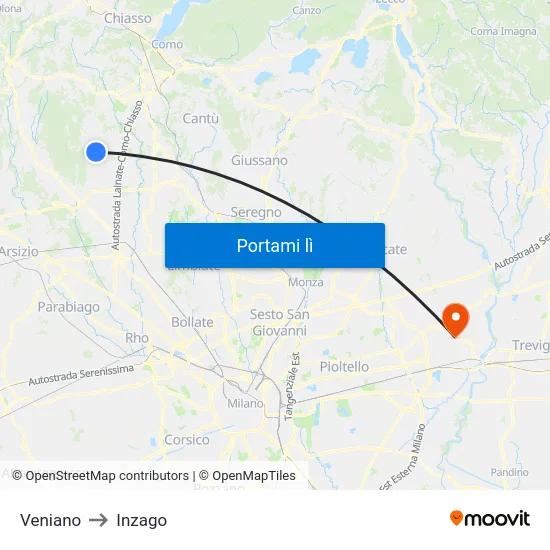 Veniano to Inzago map