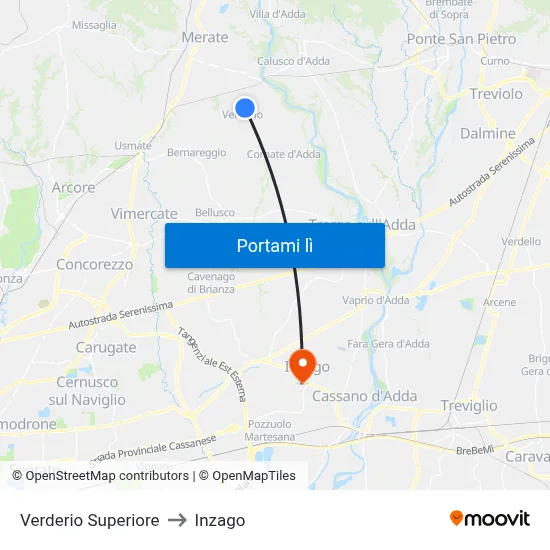 Verderio Superiore to Inzago map