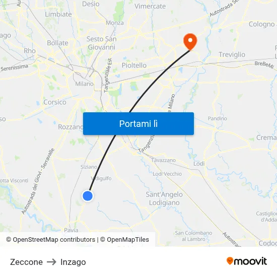 Zeccone to Inzago map