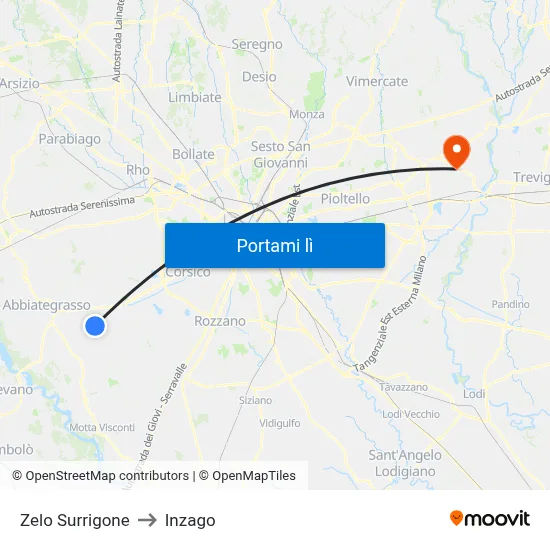 Zelo Surrigone to Inzago map