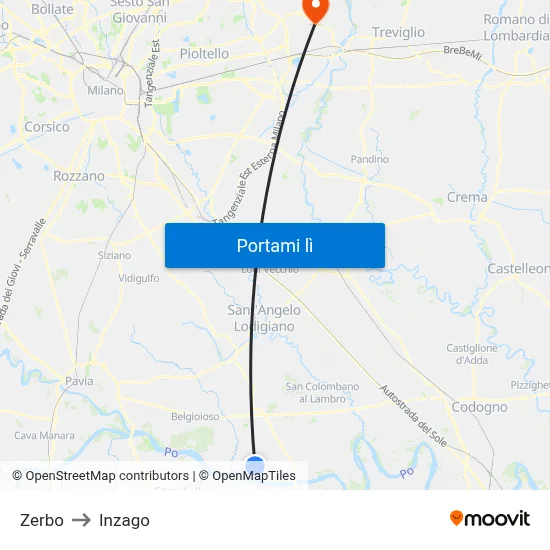 Zerbo to Inzago map