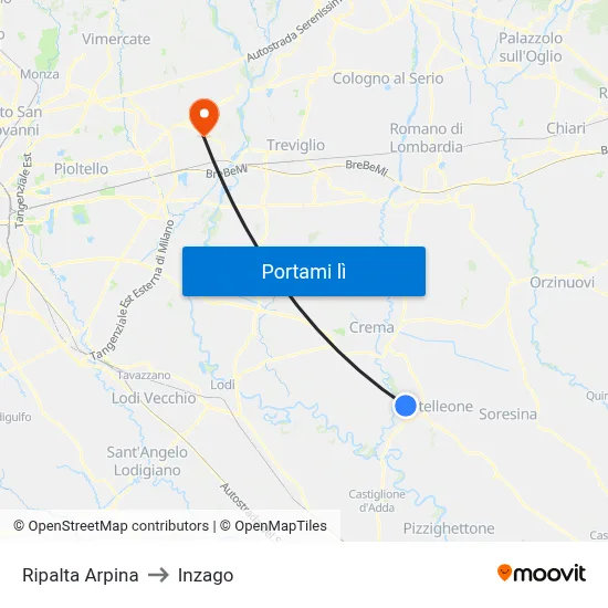 Ripalta Arpina to Inzago map