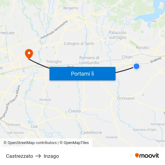 Castrezzato to Inzago map