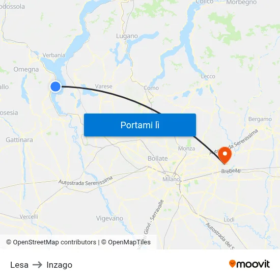 Lesa to Inzago map