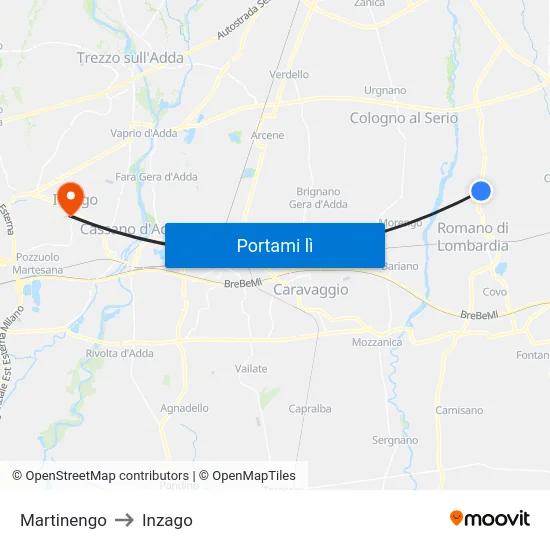 Martinengo to Inzago map