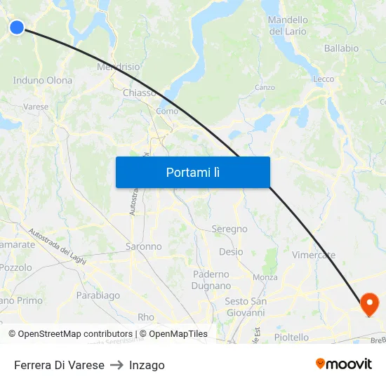 Ferrera Di Varese to Inzago map