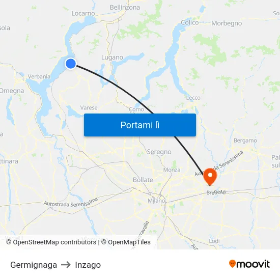 Germignaga to Inzago map