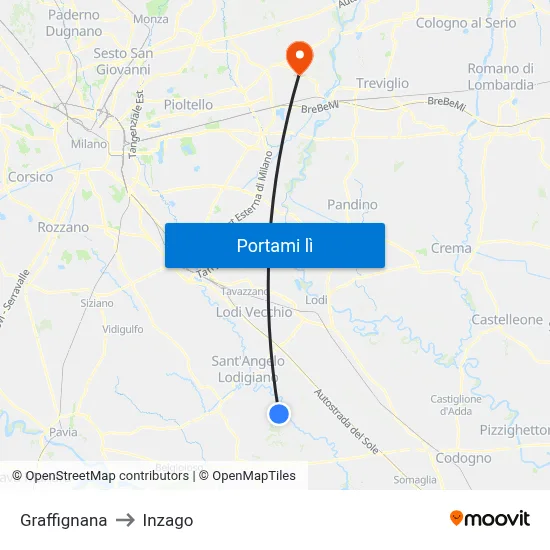 Graffignana to Inzago map