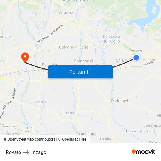Rovato to Inzago map