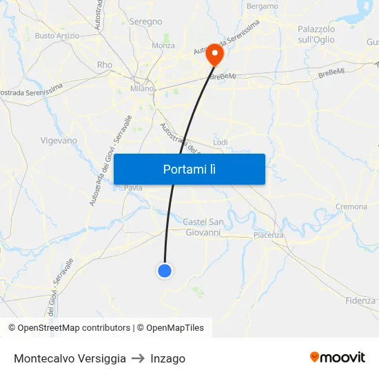 Montecalvo Versiggia to Inzago map