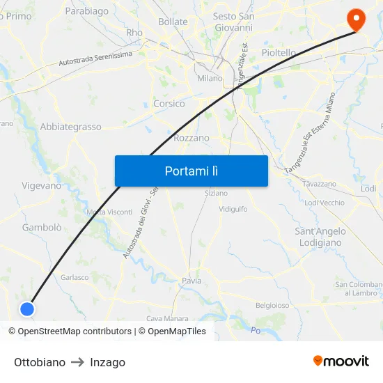 Ottobiano to Inzago map